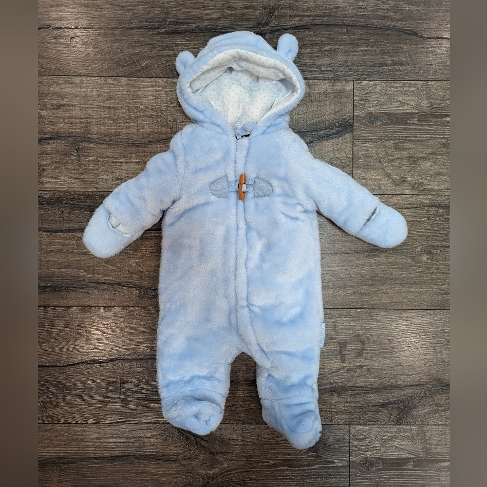 Newborn Fleece Bunting Blue Bear Hooded Lined Cozy Warm Zip-up Baby Infant Boy